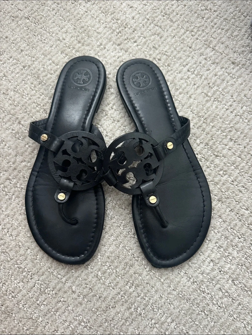 Tory Burch Black Leather Miller Logo Thong Slide Sandals